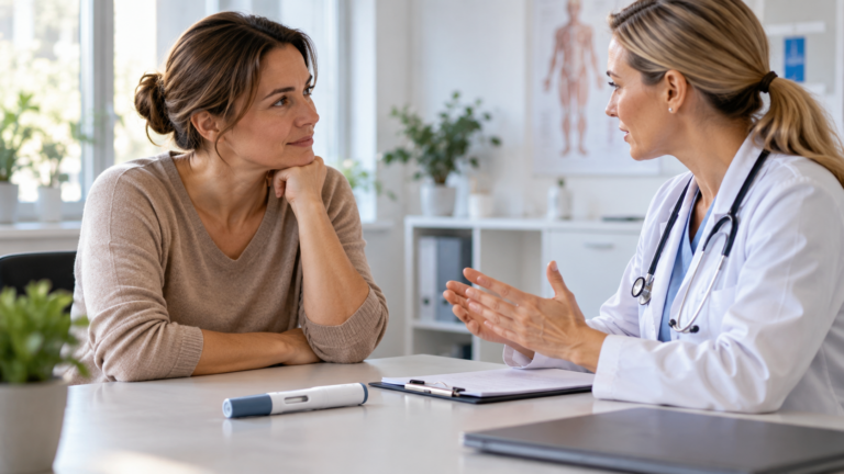 Ärztin erklärt einer Patientin in einer Praxis eine medikamentöse Behandlung zur Gewichtsregulation