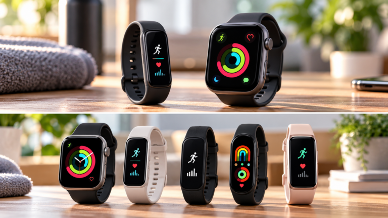 Fitness-Tracker und Smartwatches auf einem Tisch im Vergleich