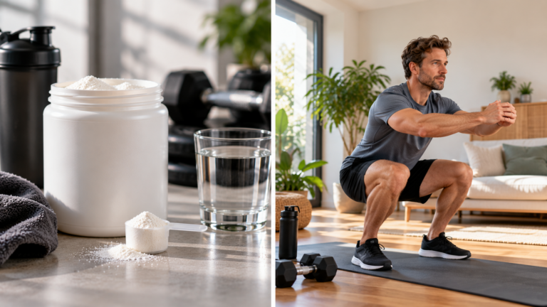 Kreatinpulver mit Messlöffel und Wasserglas neben Trainingszubehör
