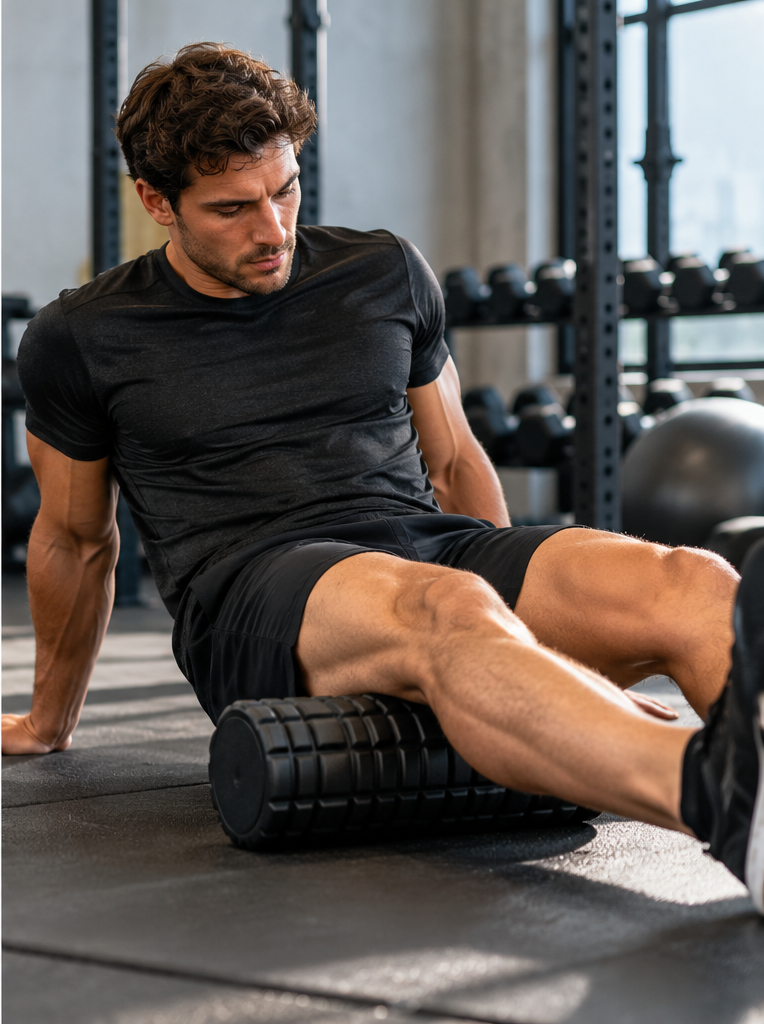 Sportler nutzt nach dem Krafttraining eine Faszienrolle zur Regeneration