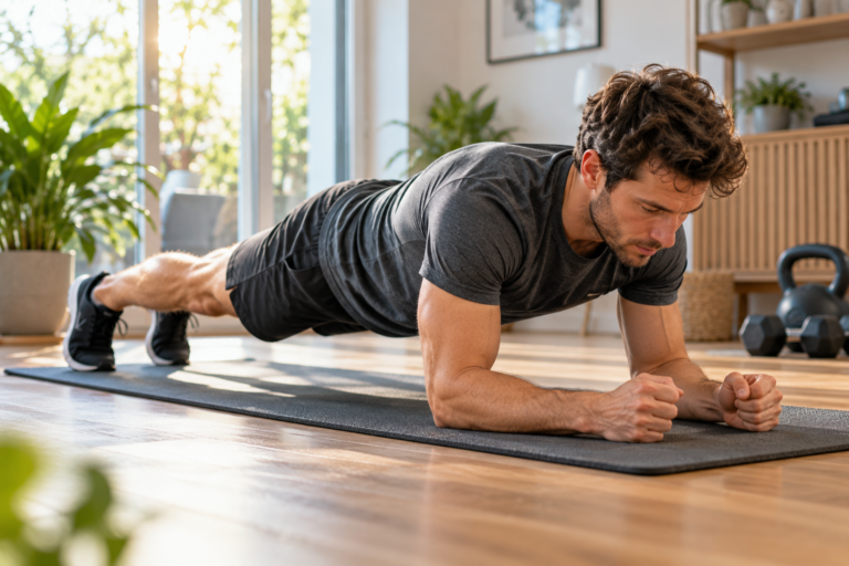 Mann führt zuhause einen Unterarmstütz mit gerader und kontrollierter Körperhaltung aus